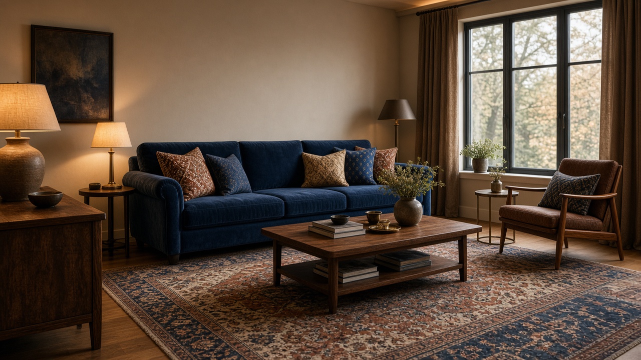 Warm living room with navy sofa, wood tones, and patterned rug