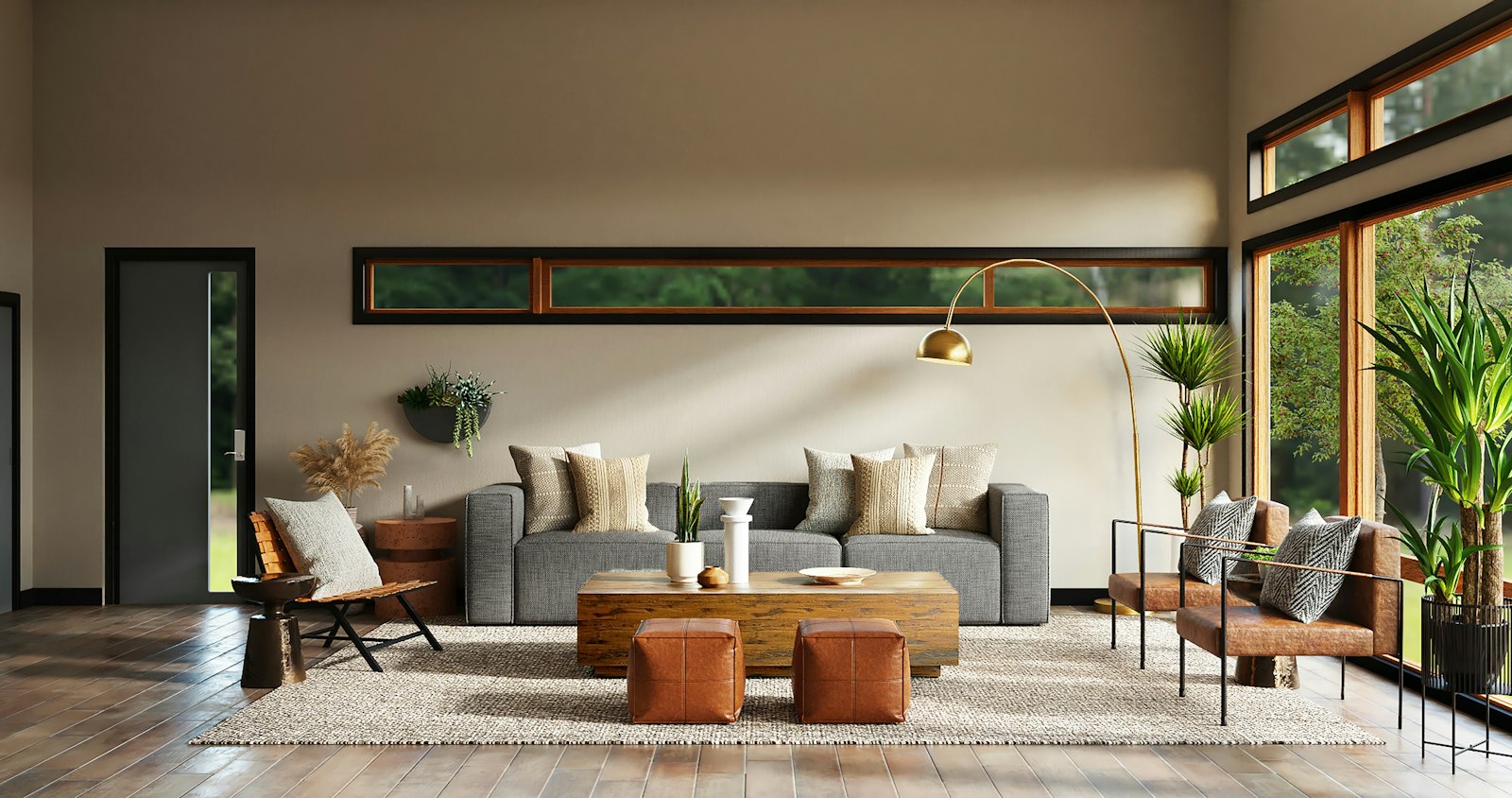 Living room with warm neutrals, wood floors, and natural light