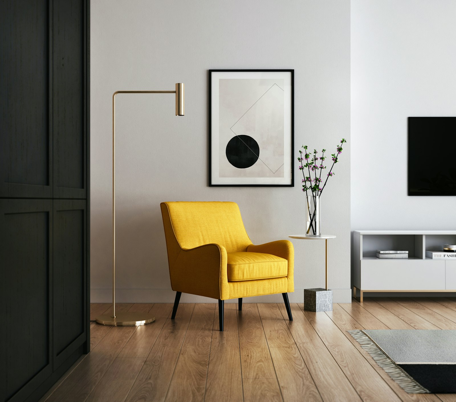 Modern living corner with gold accents and soft light