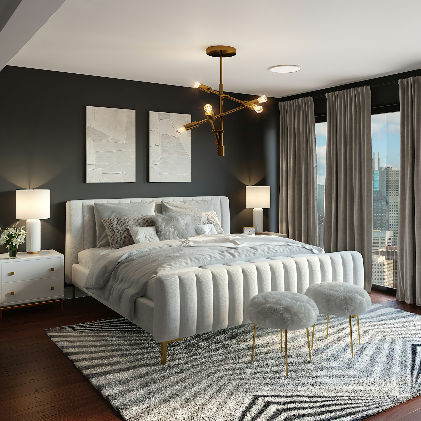 Bedroom with charcoal walls and gold accents