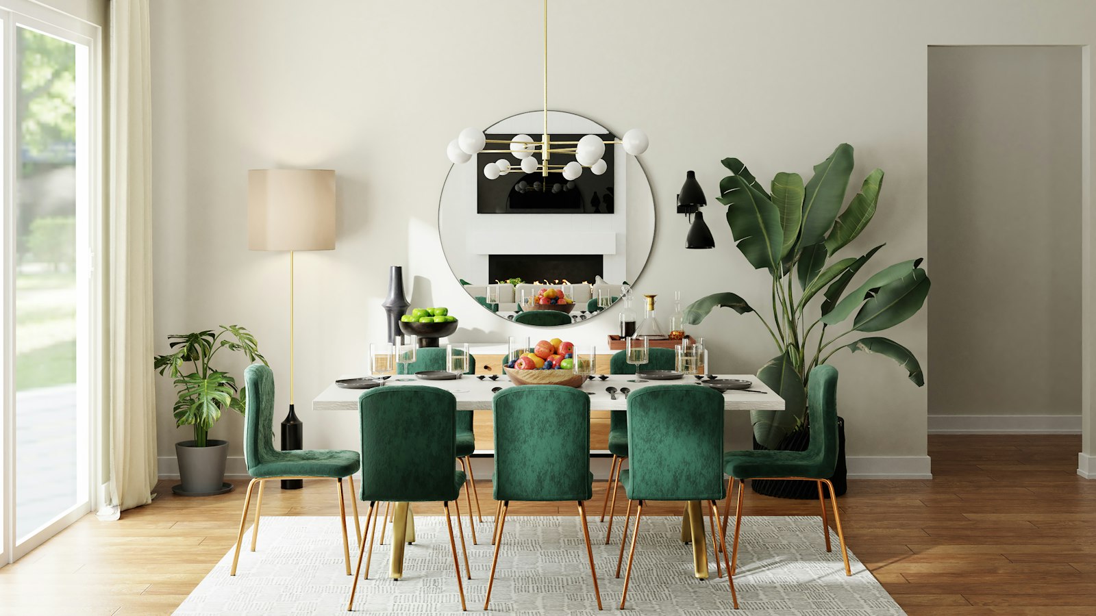 Dining room with emerald chairs and gold chandelier